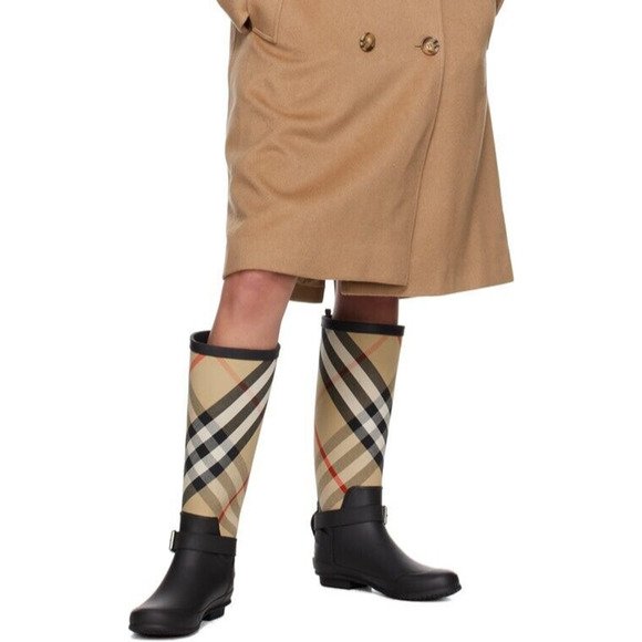 BURBERRY SIMEON BLACK RUBBER BEIGE CHECK LOGO KNEE HIGH RAIN BOOTS US 11 EU 41 - Picture 2 of 14